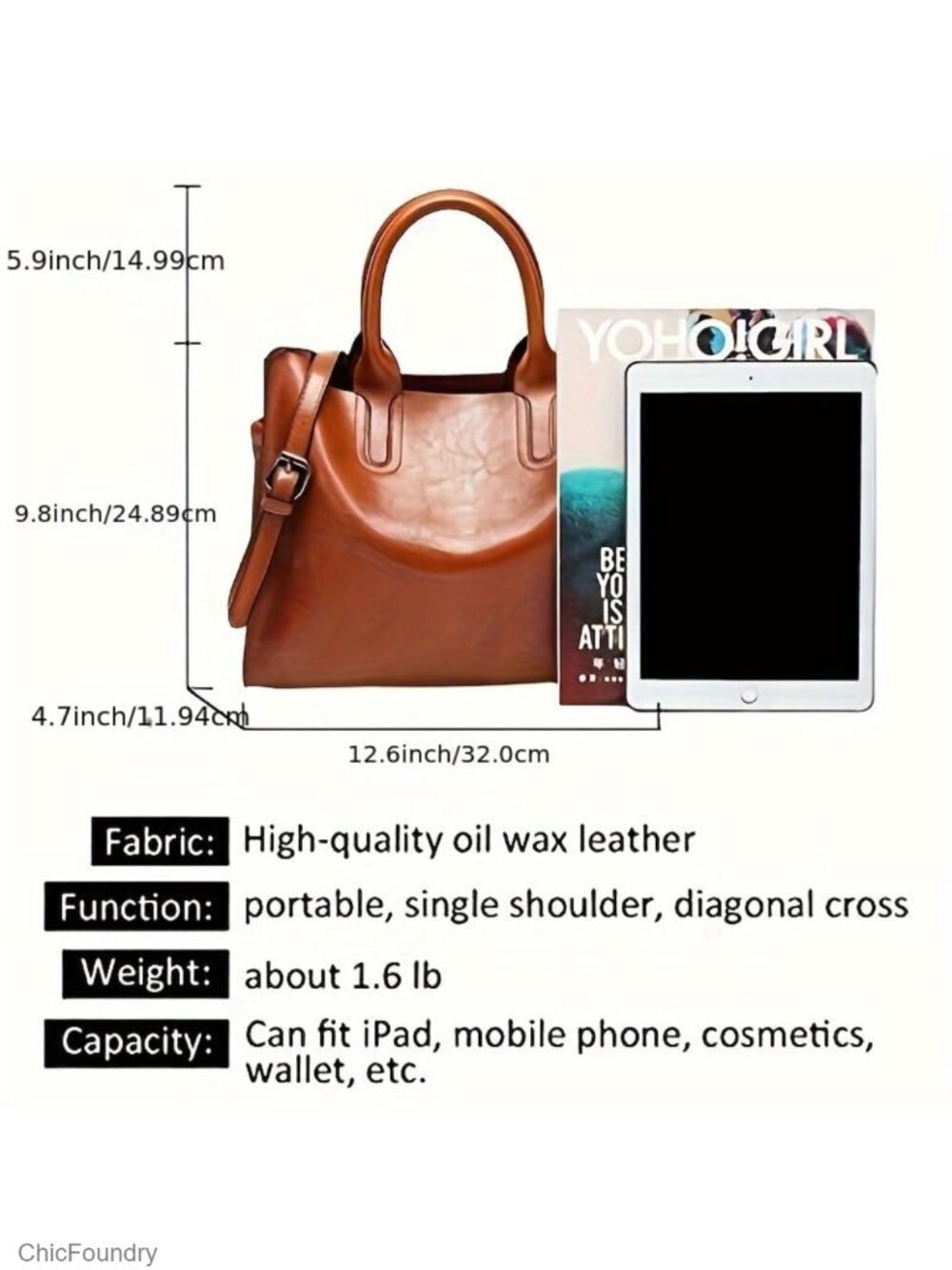 Large Faux Leather Tote Bag, Work Shoulder Purse with Zipper Closure and - Picture 3 of 6